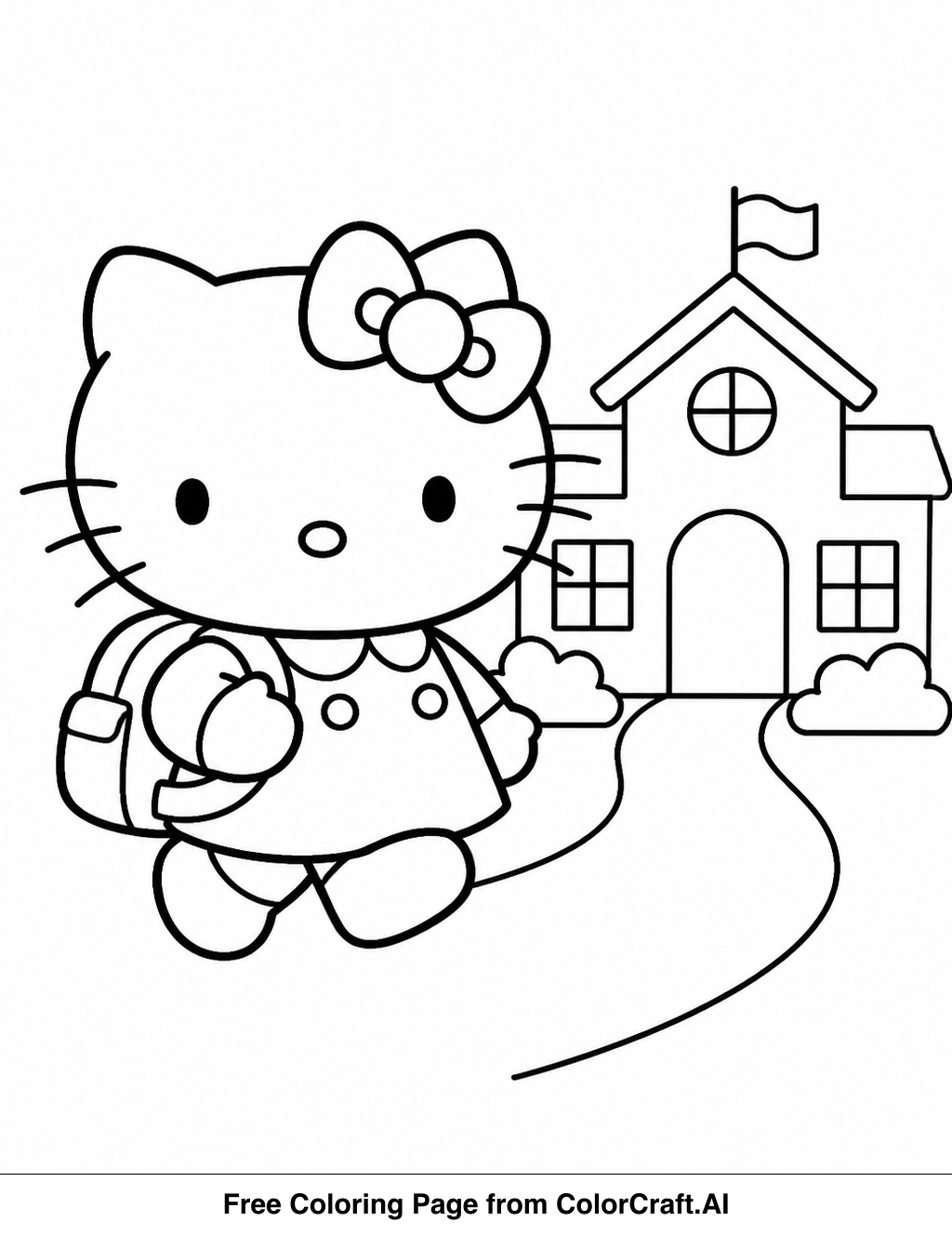 Line drawing of Hello Kitty character with a backpack, ready for school, with books and pencils.