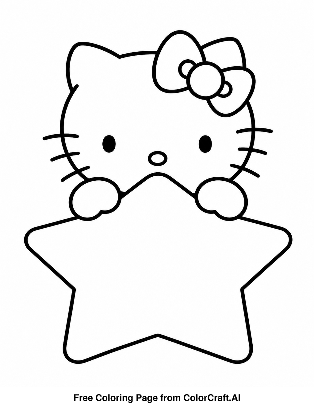 Line drawing of Hello Kitty with a star shape, ready to be colored.