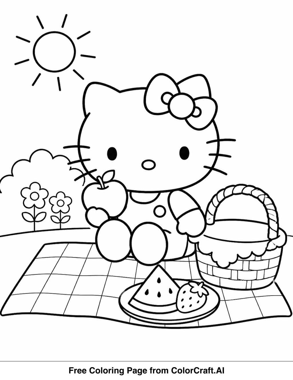Line drawing of Hello Kitty and friends enjoying a summer picnic with food and baskets.