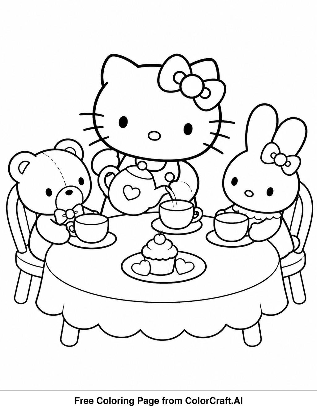 Line drawing of Hello Kitty hosting a tea party with friends and a table full of goodies.