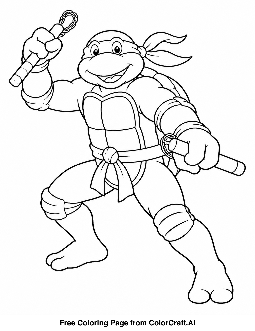 Line art drawing of the Teenage Mutant Ninja Turtle Michelangelo in a basic standing pose, ready to be colored.