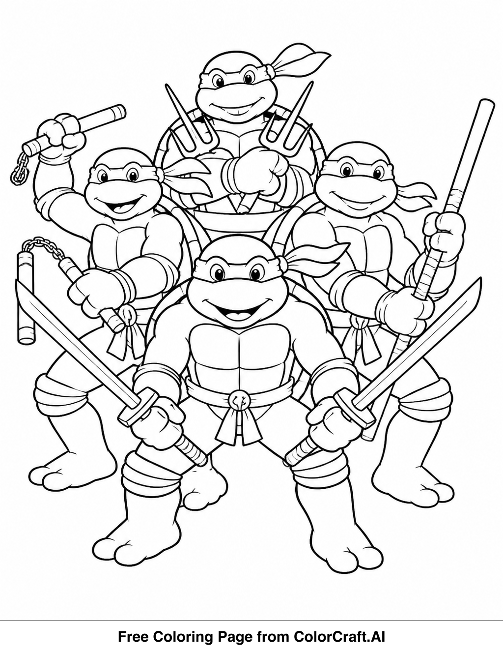 Line drawing of four ninja turtles standing together in a dynamic pose, ready for action.