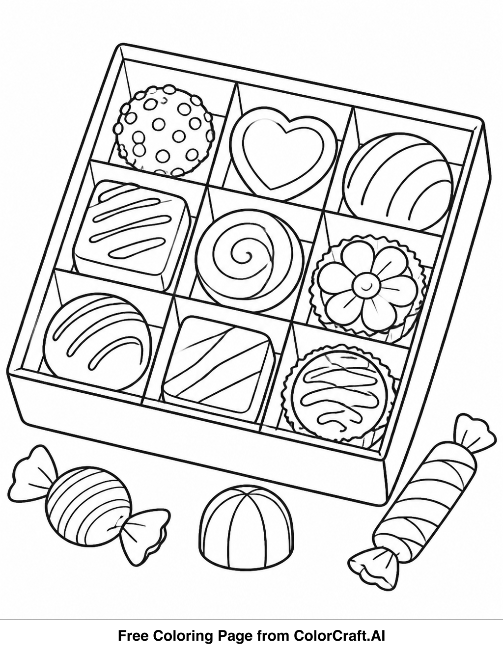 Line drawing of a decorative Chinese New Year candy box filled with various treats and festive symbols.