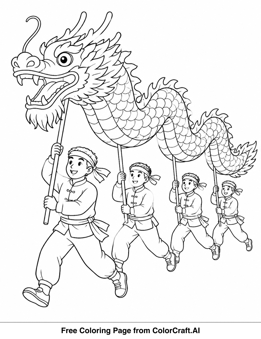 Line drawing of a long, segmented dragon with a smiling face, carried by people in a parade.