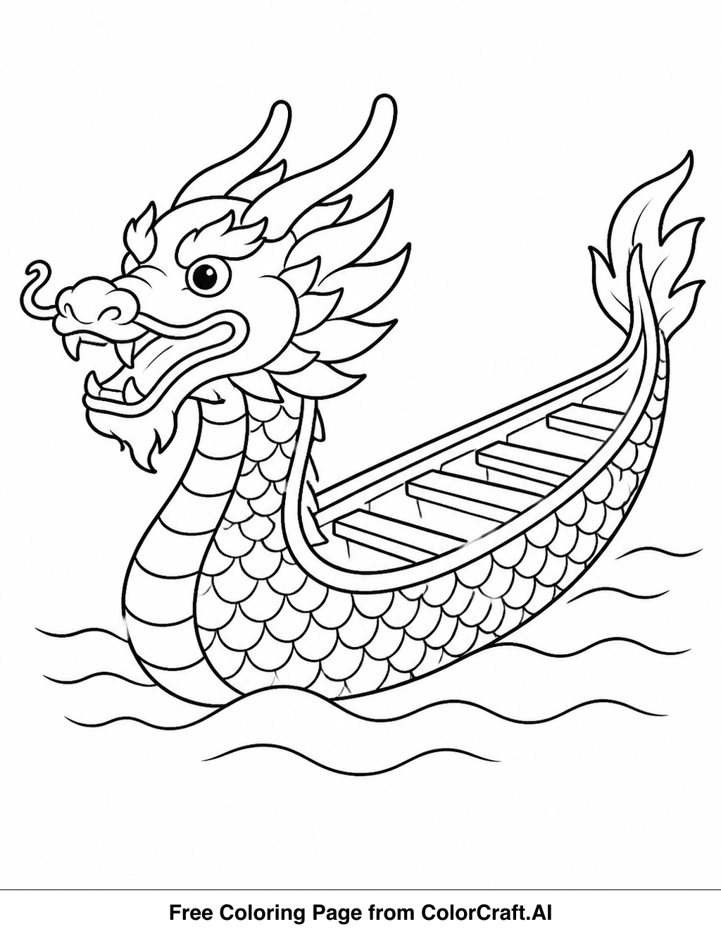 Line drawing of a traditional dragon boat race pattern with intricate details for a coloring page.