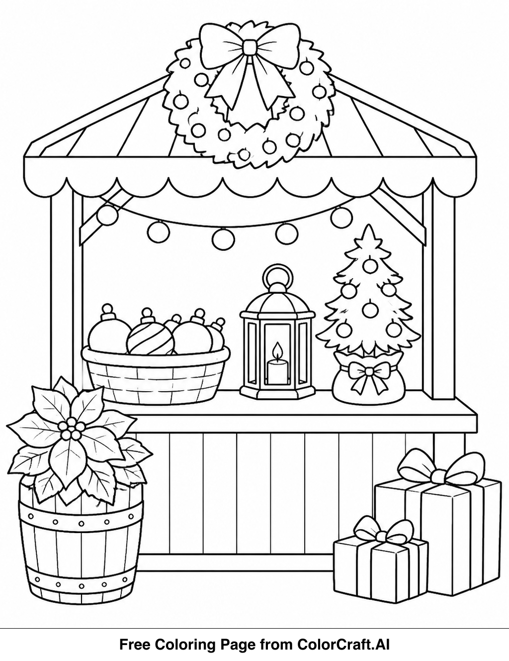 Line drawing of a busy Chinese New Year marketplace with stalls, people, and festive decorations for coloring.