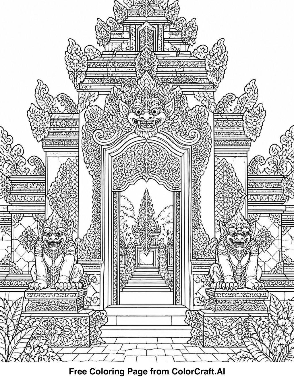 Intricate line drawing of a decorative Chinese temple gateway with ornate details and architectural elements.
