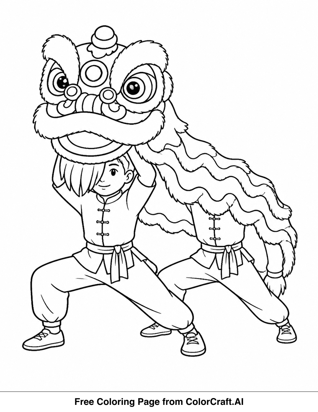 Line drawing of energetic lion dance performers in traditional costumes celebrating a festival.