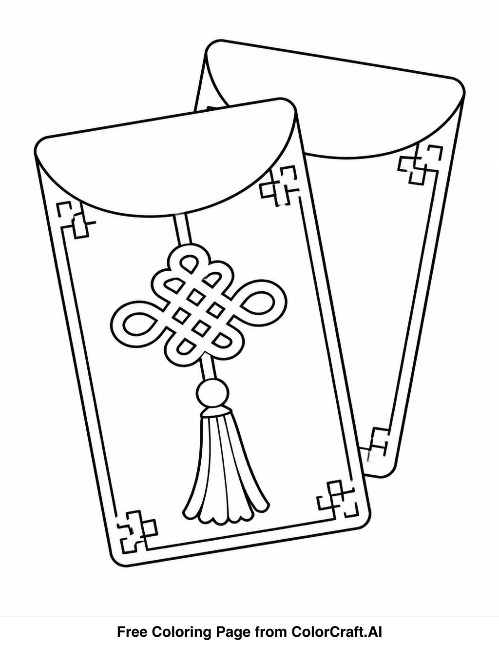 Line drawing of decorative envelopes with traditional patterns, ready for coloring.