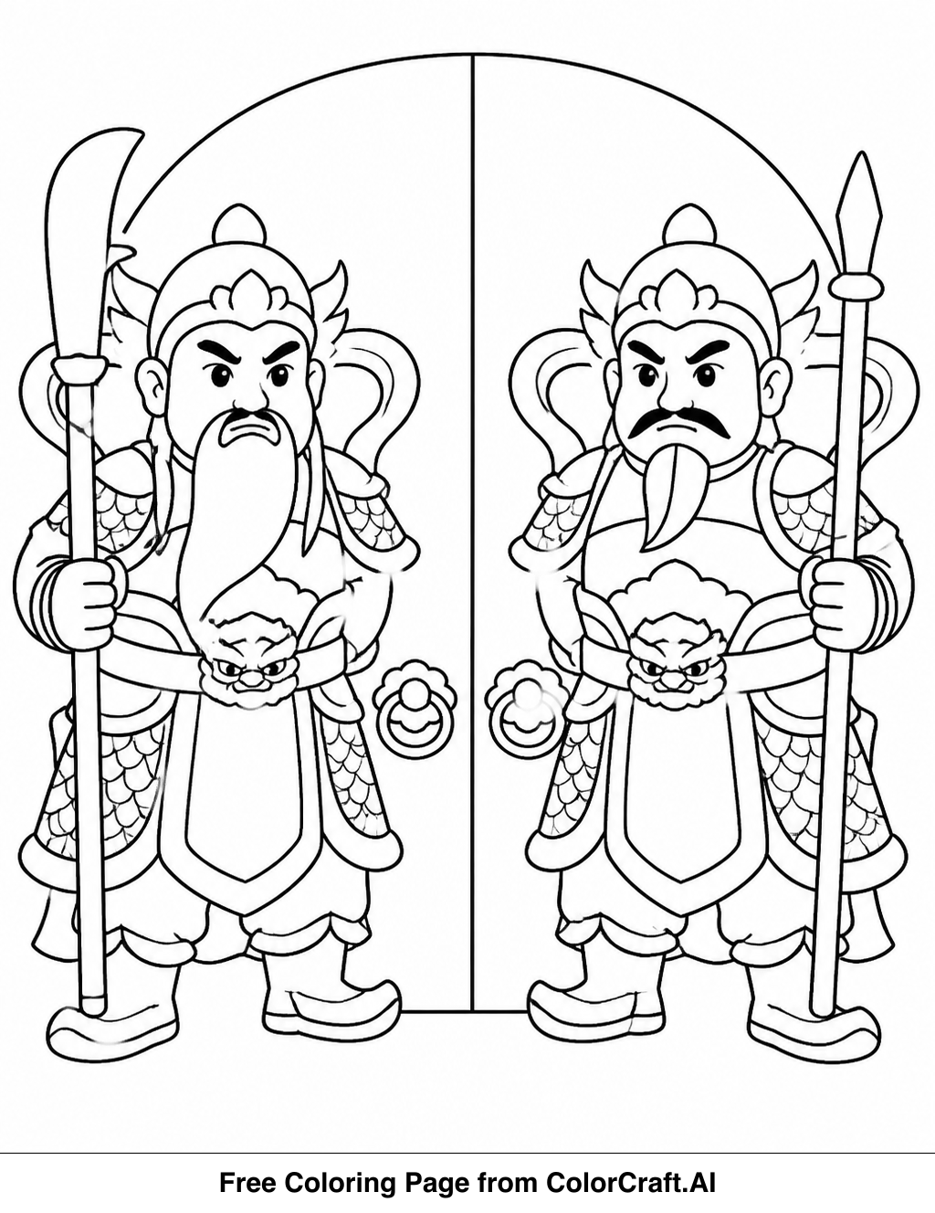 Line drawing of two traditional Chinese door gods standing guard, ready for coloring.