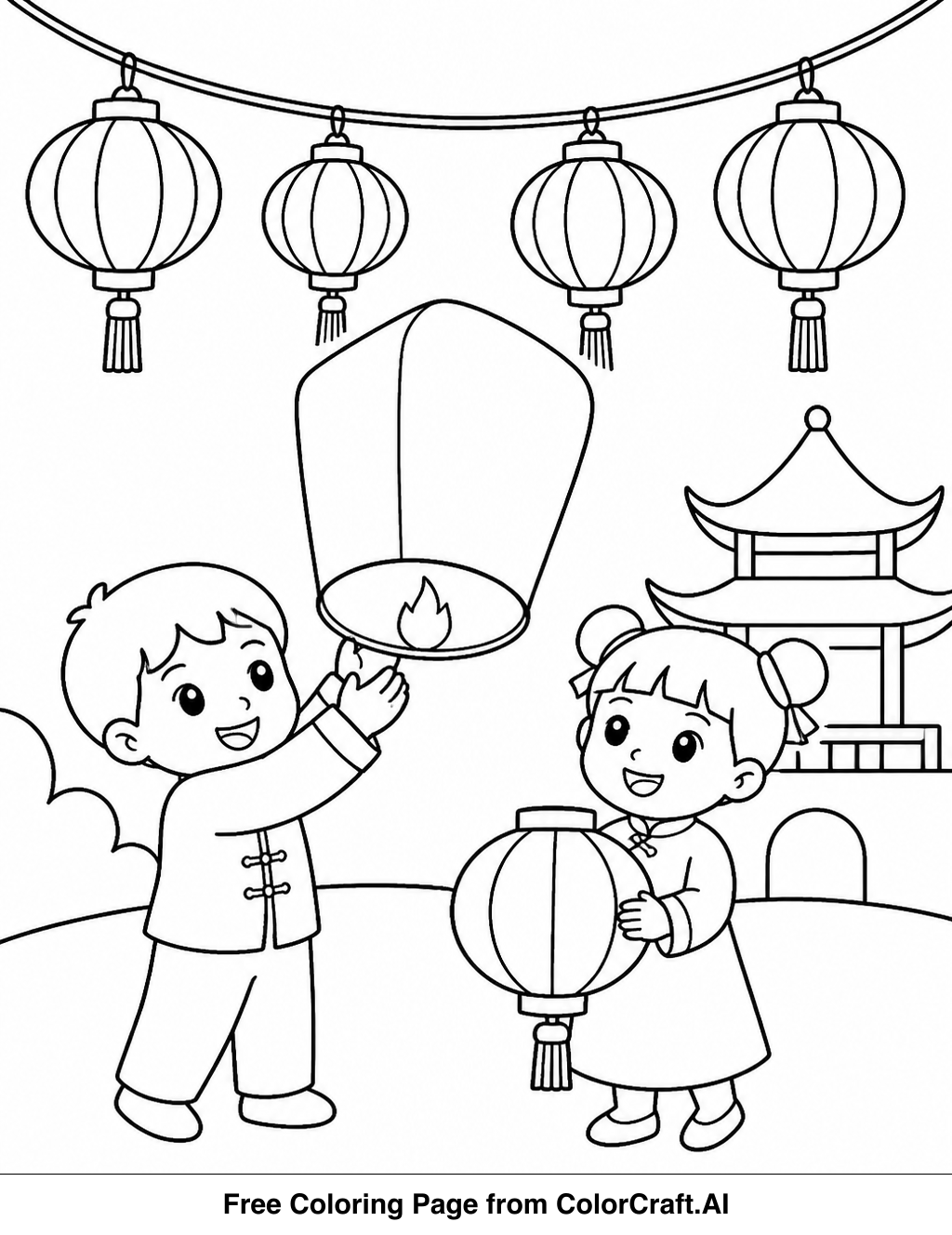 A simple line drawing of a traditional Chinese lantern hanging, ready to be colored.