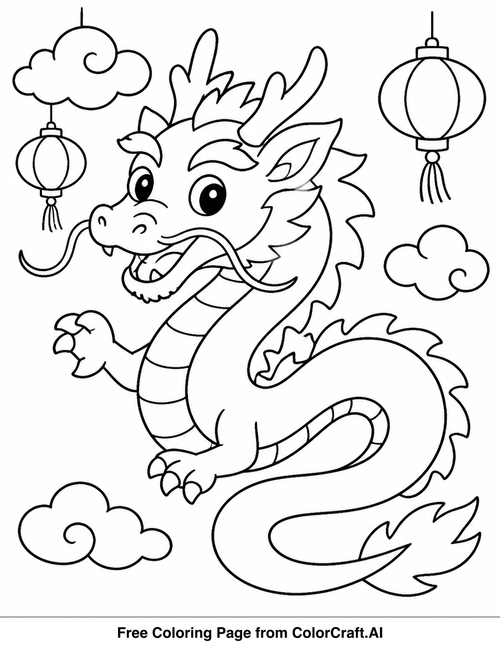 A simple line drawing of a friendly dragon with its mouth open, celebrating the Chinese New Year.