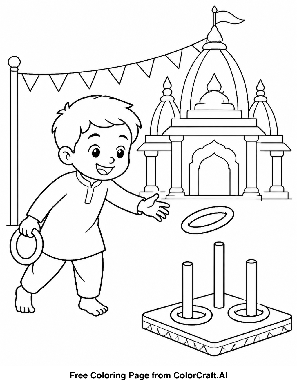 Line drawing of a vibrant Chinese temple fair with people enjoying various activities and traditional stalls.