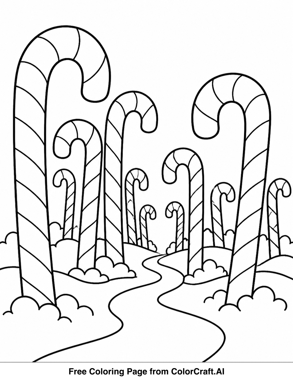 Line drawing of a whimsical forest with oversized candy canes and festive elements for coloring.