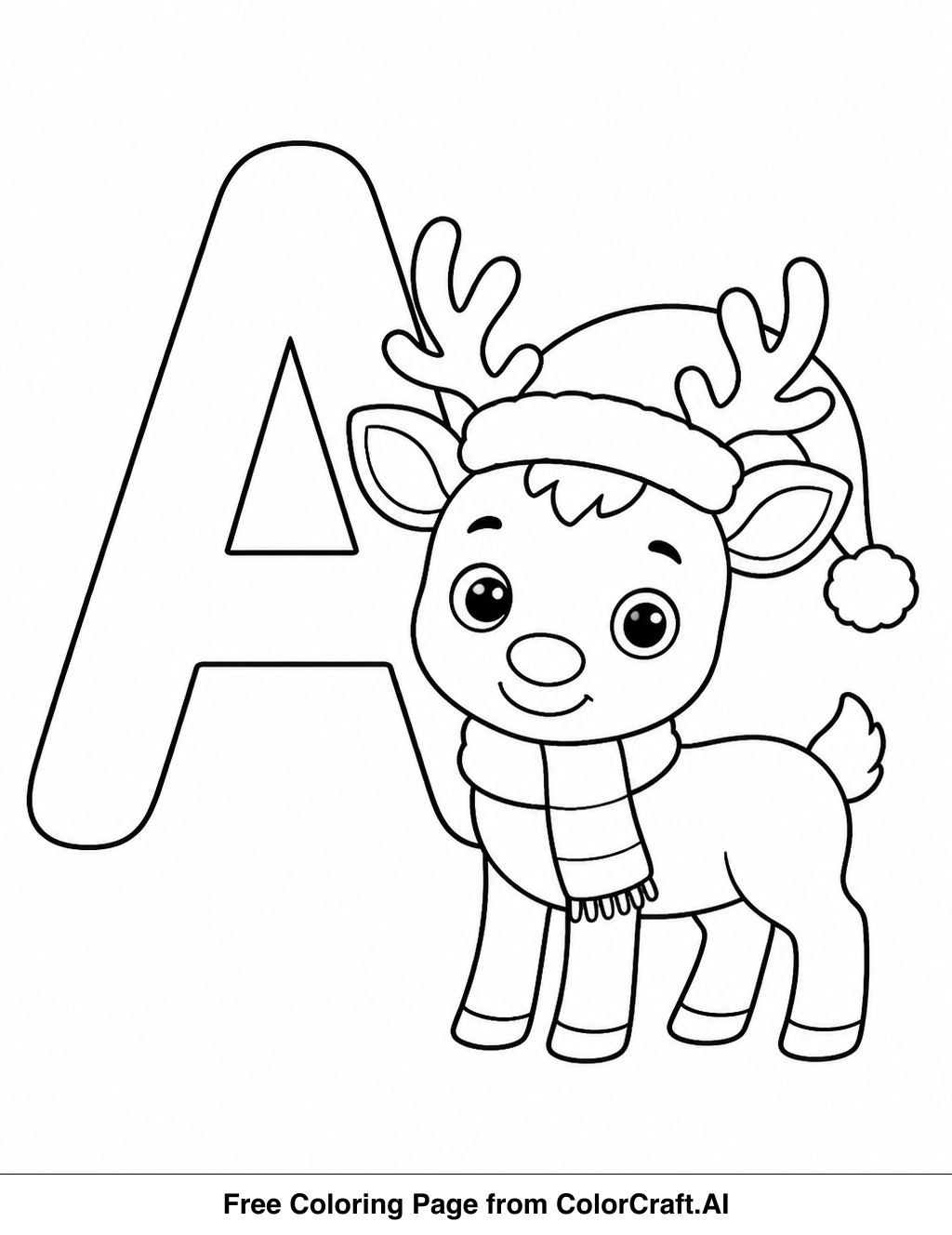 Line drawing of various animals in festive holiday attire, forming an alphabet for coloring.