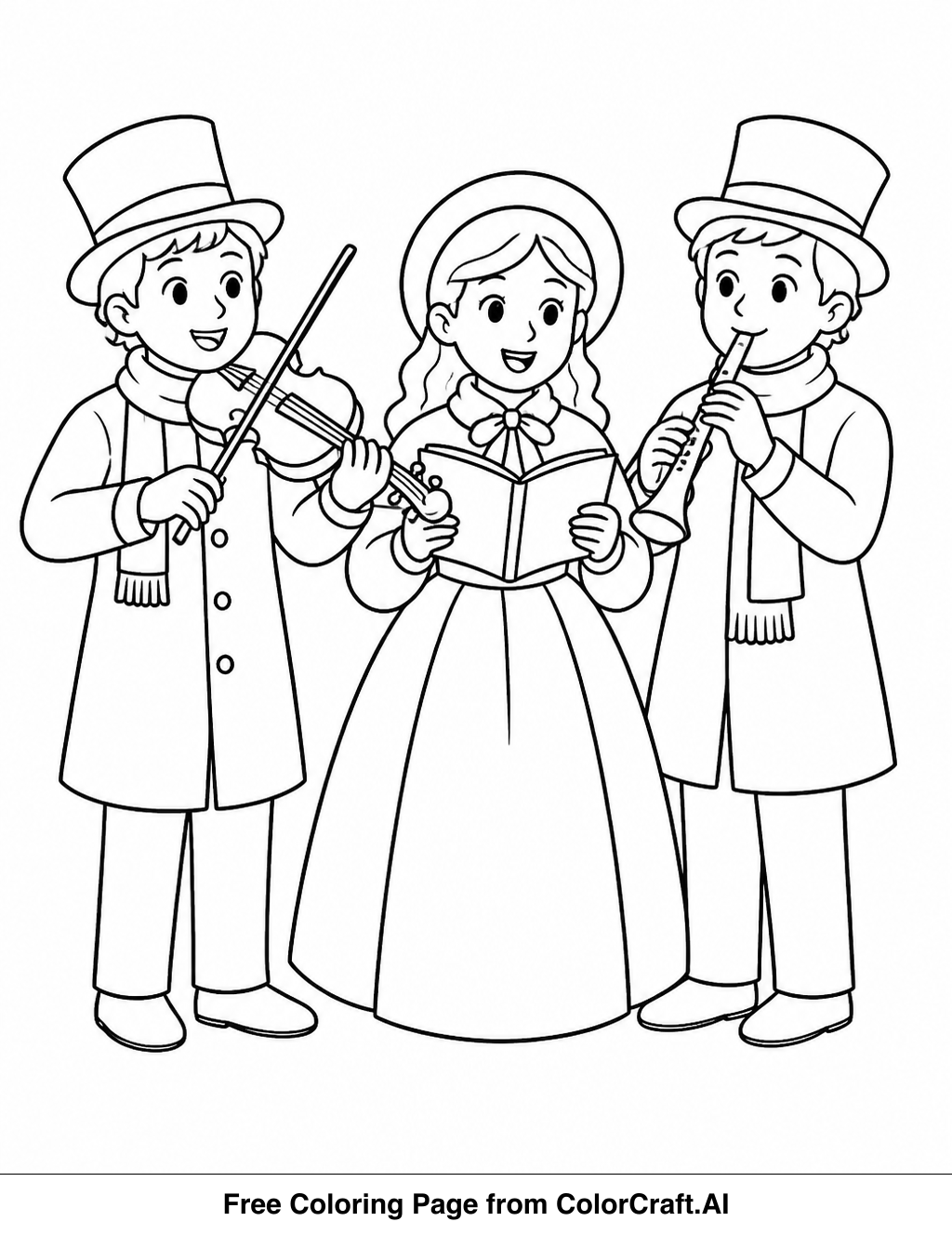 Line drawing of a group of musicians playing instruments and singing carols during the holidays.
