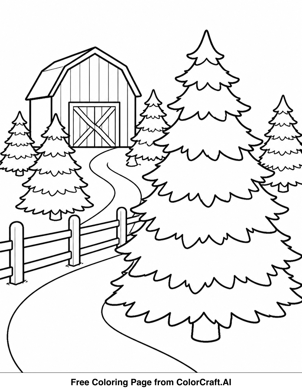 Line drawing of a rustic barn and trees at a Christmas tree farm, waiting to be colored.