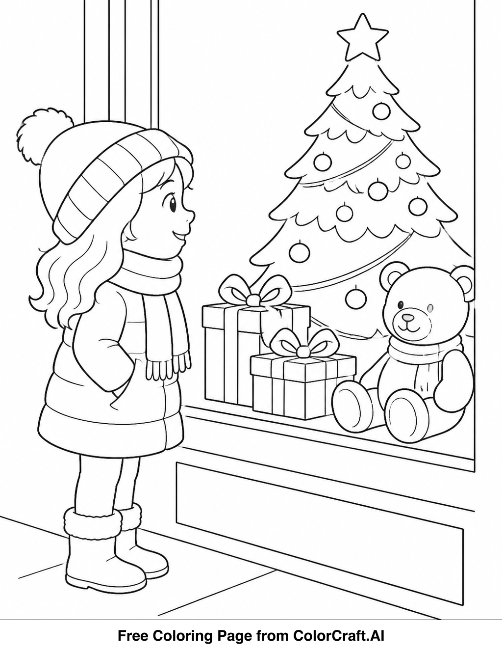 Line drawing of a cozy street scene with people admiring a brightly decorated shop window filled with presents.