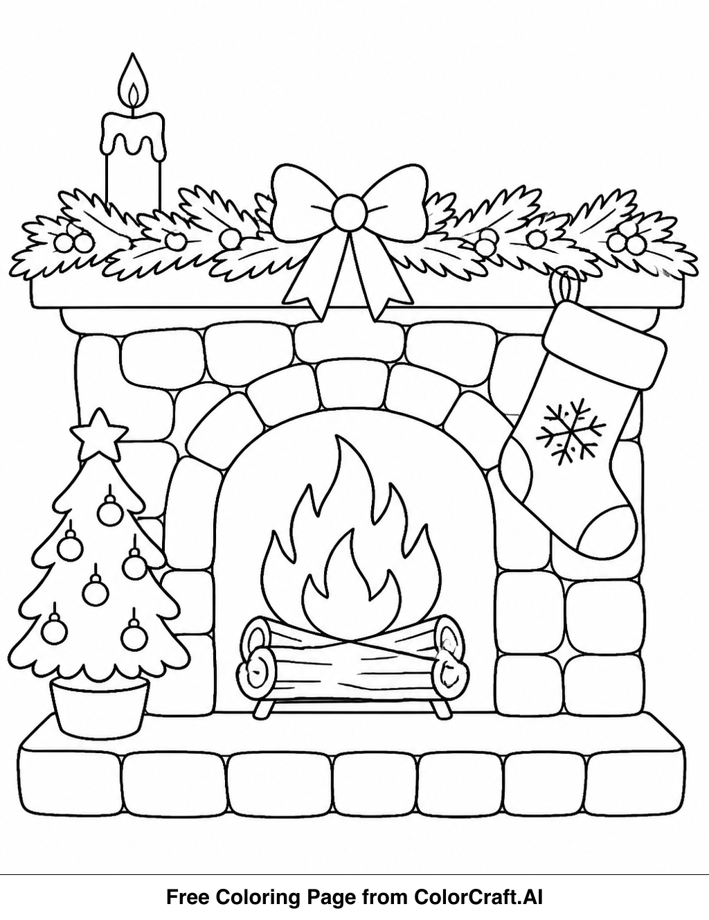 Line drawing of a Christmas fireplace with stockings, gifts, and a decorated tree.