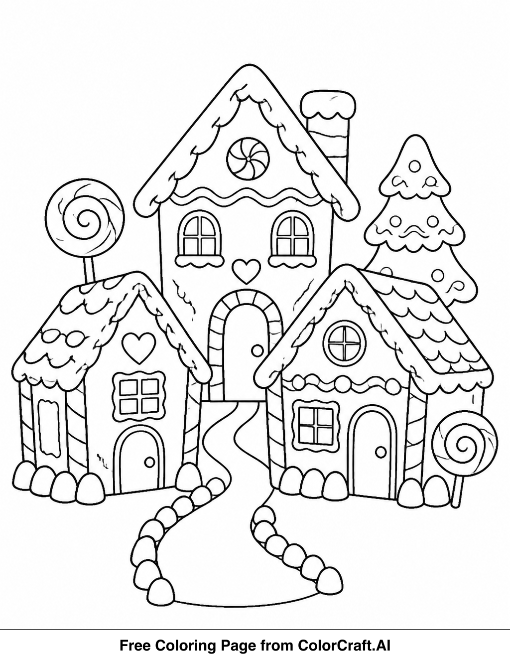 Line drawing of a whimsical gingerbread house village with candy decorations and snowy roofs.