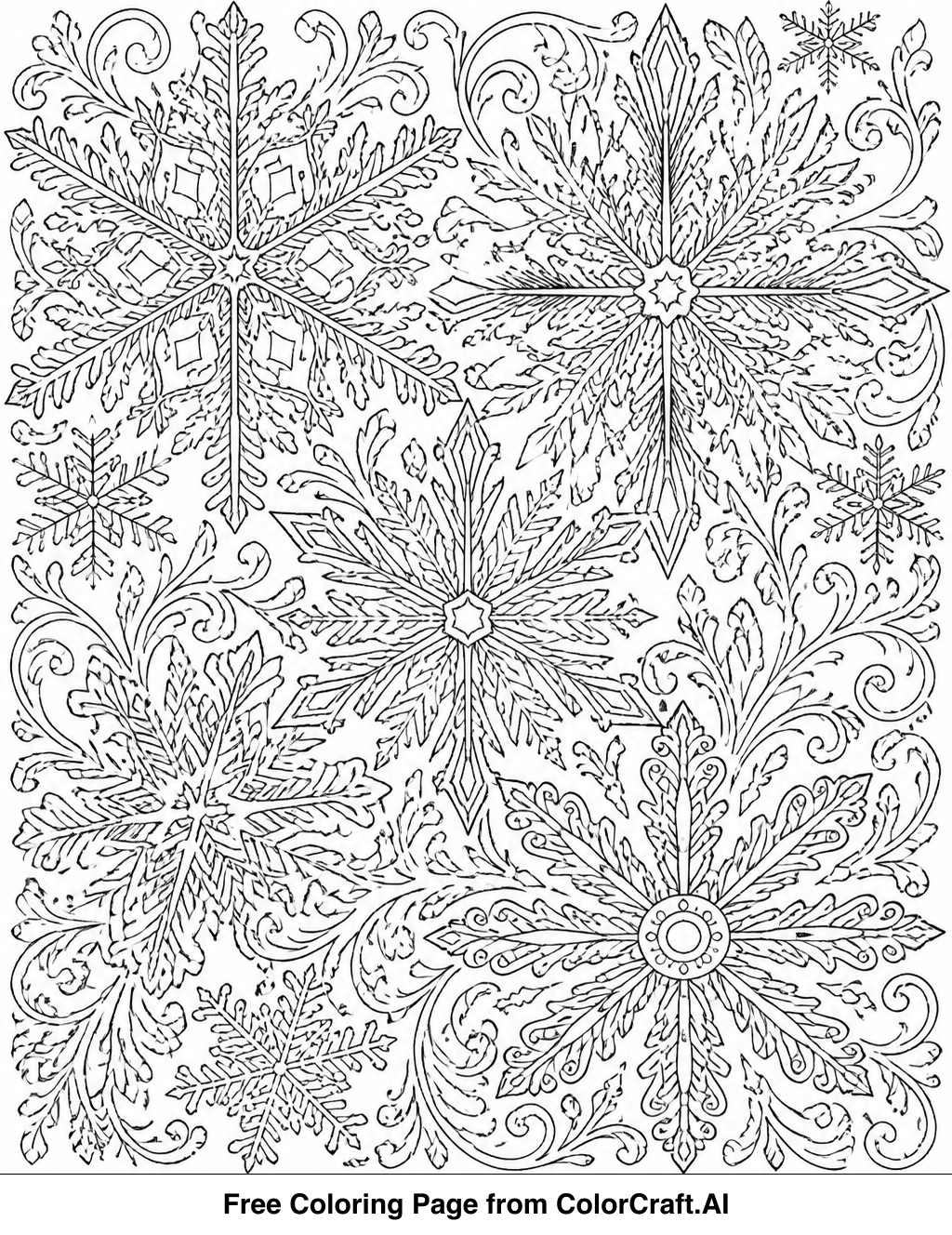 Detailed line drawing of a complex snowflake pattern with many fine lines and geometric shapes.