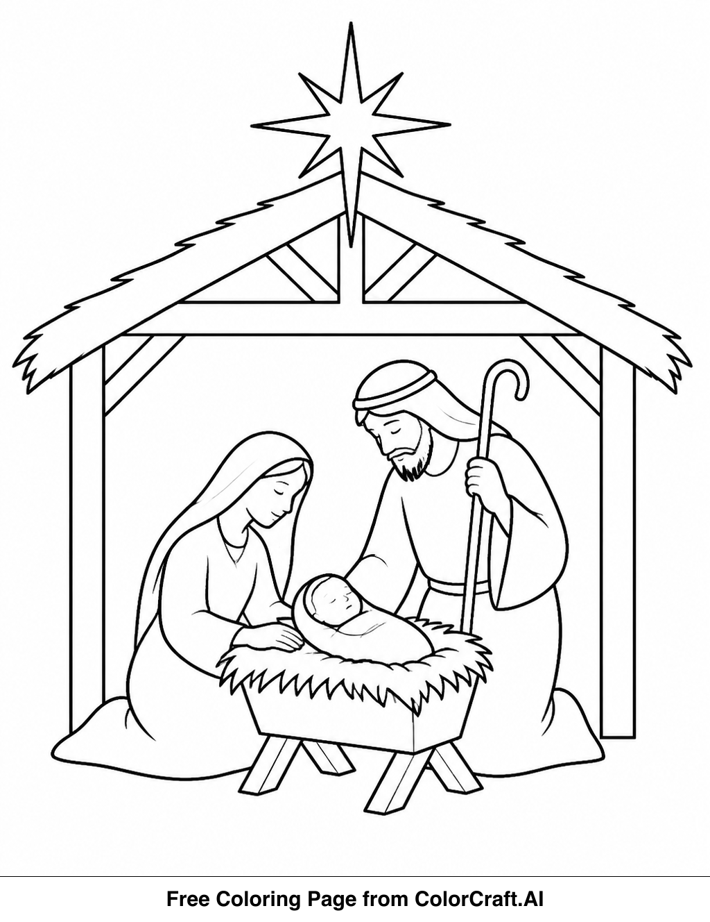 Line drawing silhouette of the nativity scene, featuring Mary, Joseph, and baby Jesus in a stable.