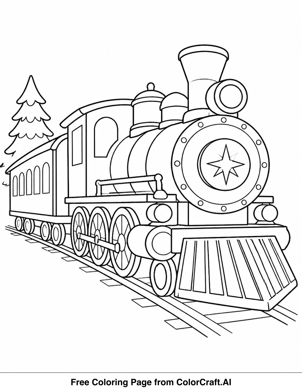 Line drawing of a classic steam train with a tender, decorated for the holidays, ready to depart.
