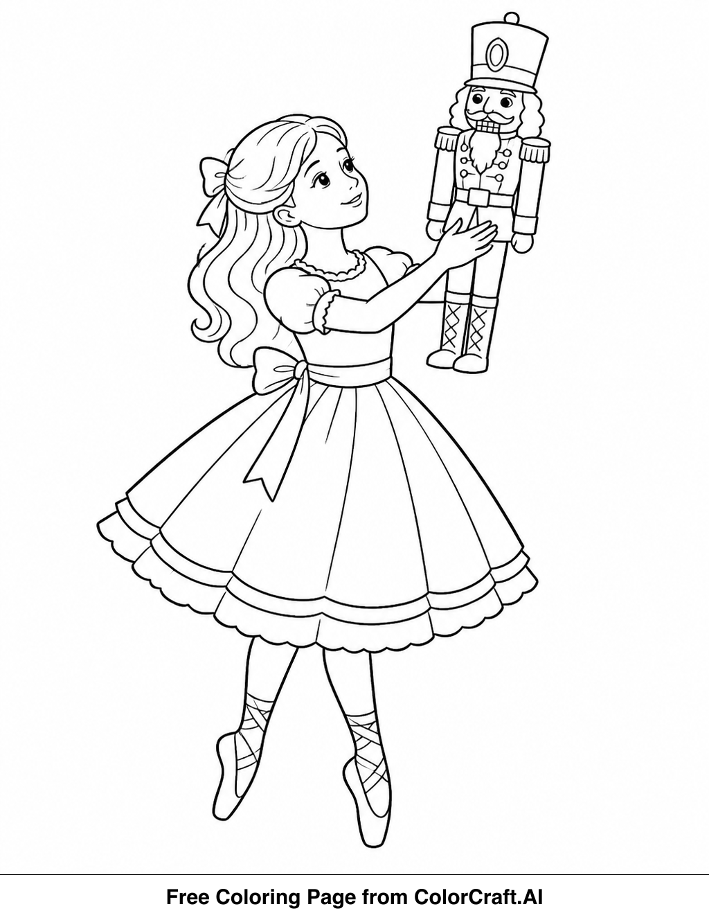 Line drawing of a Nutcracker ballet scene with dancers and ornate decorations for a coloring page.
