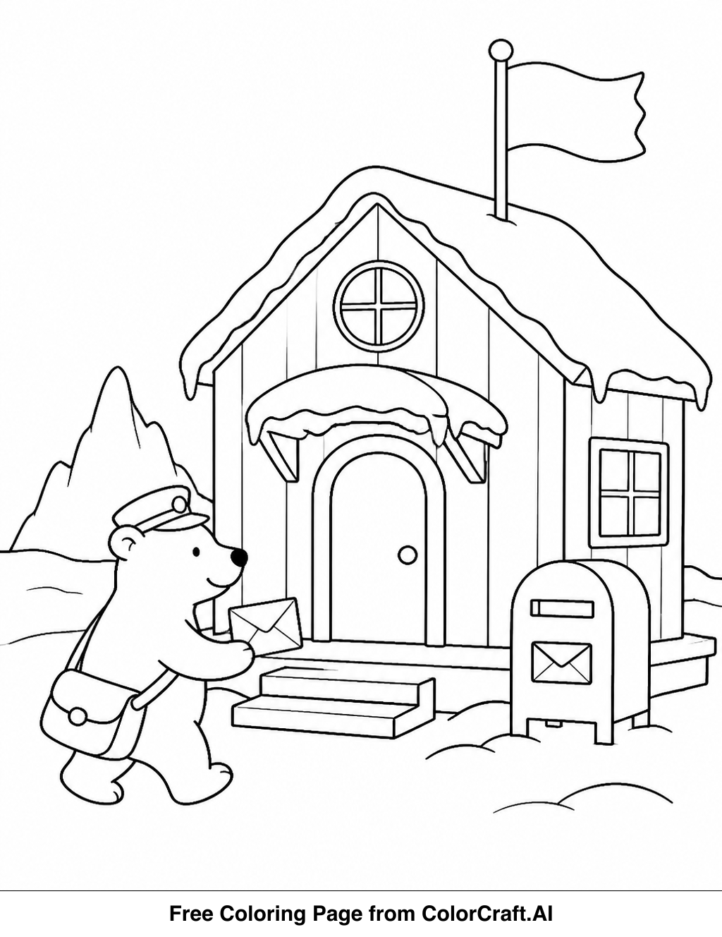Line drawing of a polar post office with arctic animals sorting and delivering mail and gifts.