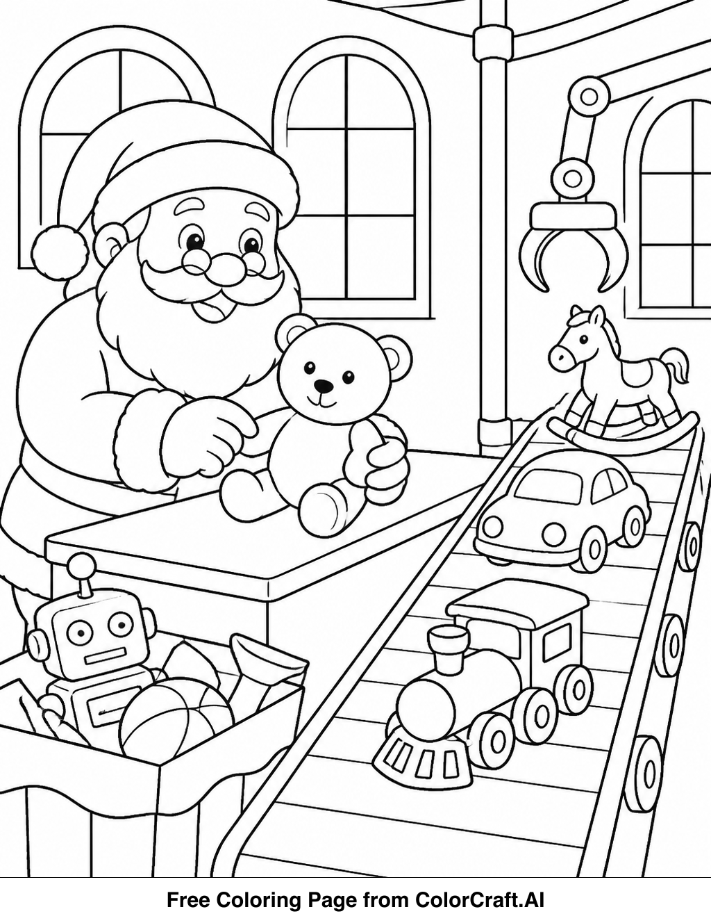 Line drawing of Santa's workshop filled with elves, toys, and festive decorations.
