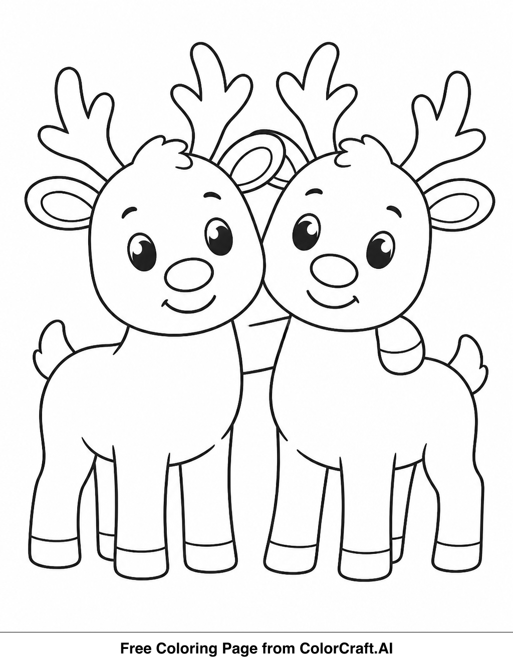 Line drawing of several cute reindeer friends smiling and standing together, a simple holiday scene.
