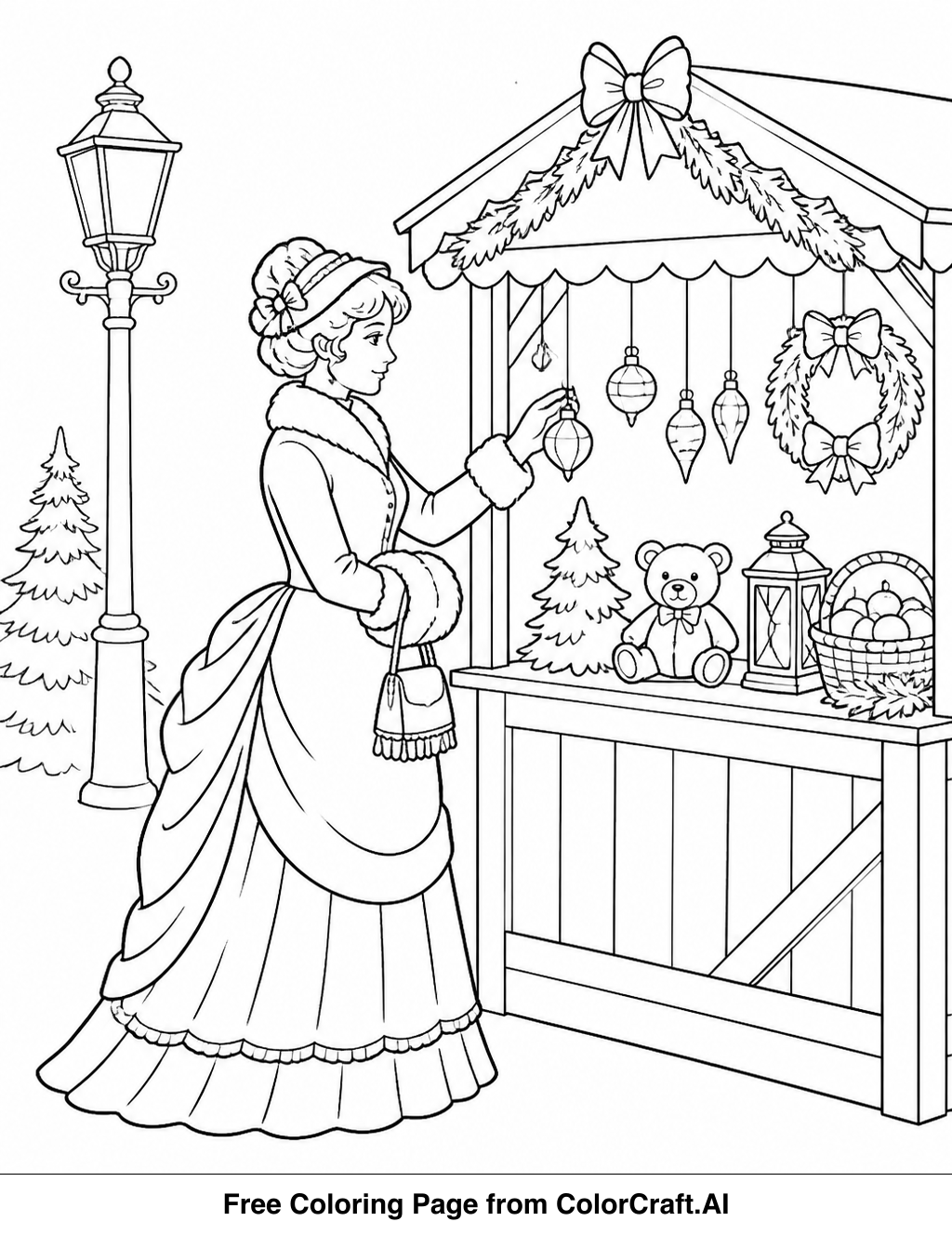 Line drawing of a busy Victorian Christmas market with stalls, people, and festive decorations.