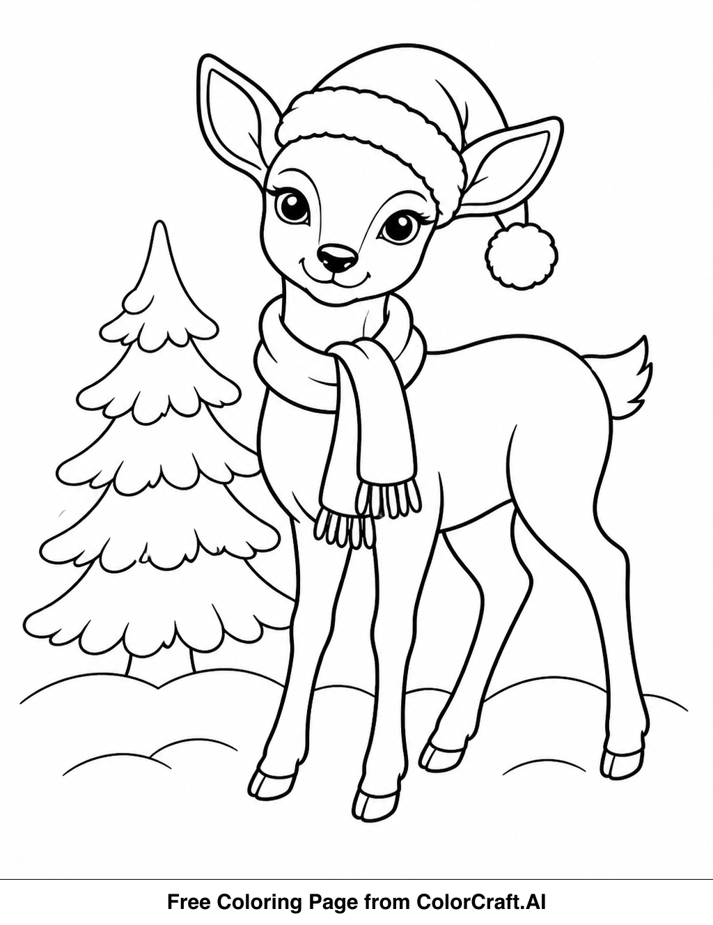 Line drawing of various woodland animals like a deer, fox, and rabbit gathered in a peaceful winter setting.