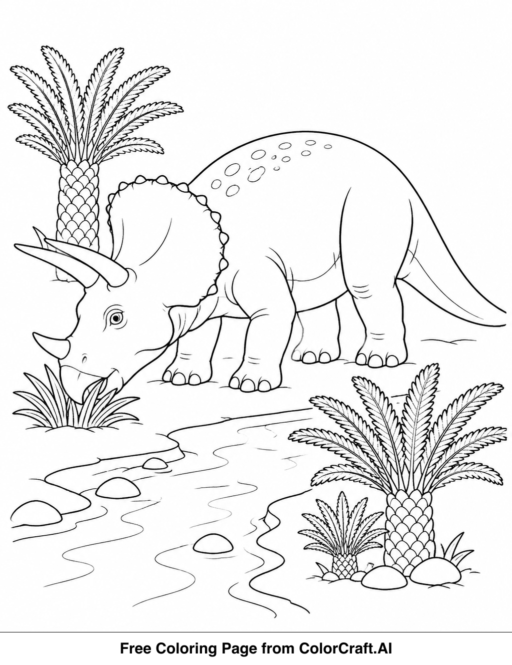 Line drawing of a triceratops dinosaur peacefully grazing near a stream with prehistoric plants.