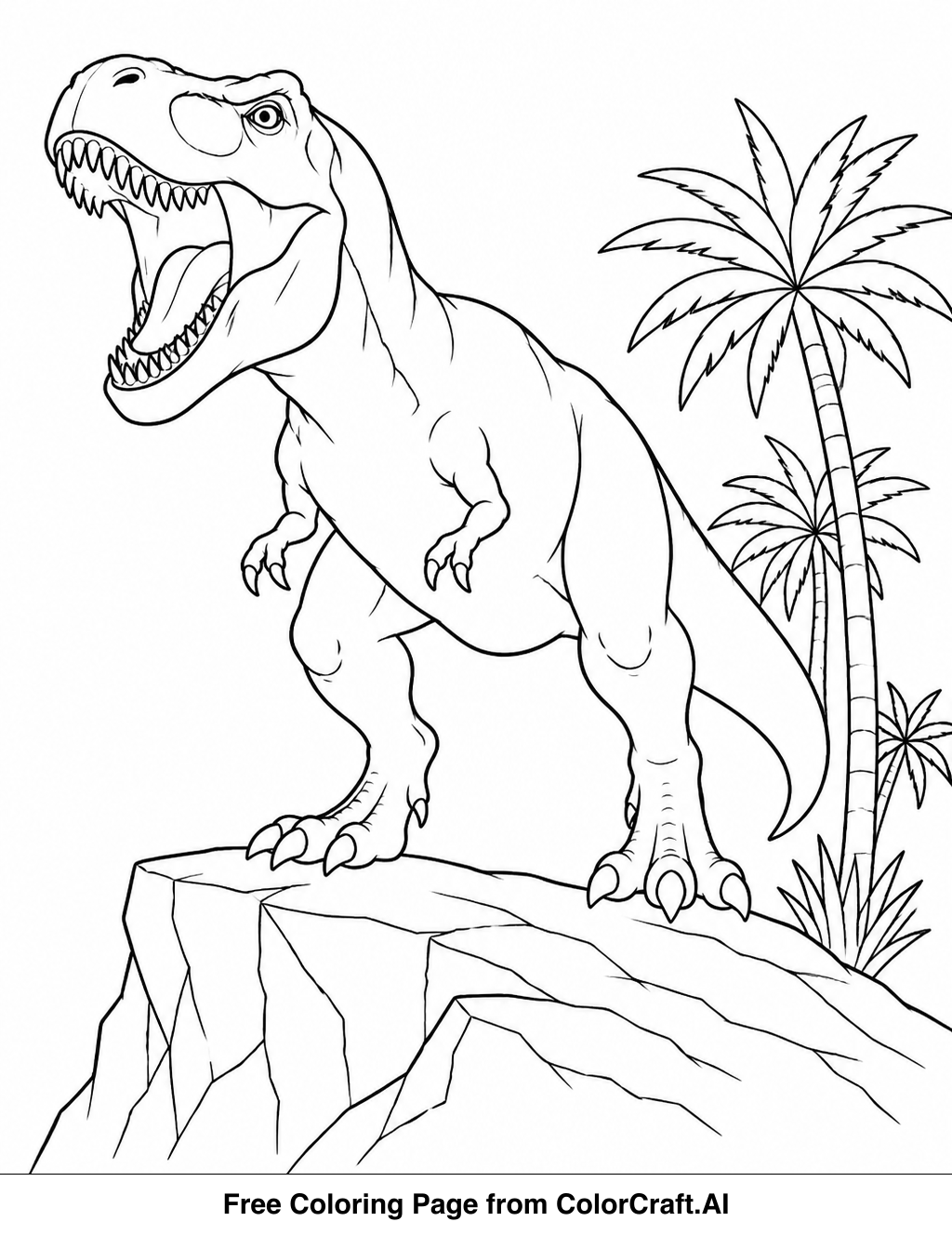 Line drawing of a Tyrannosaurus Rex roaring on a rocky outcrop with palm trees.