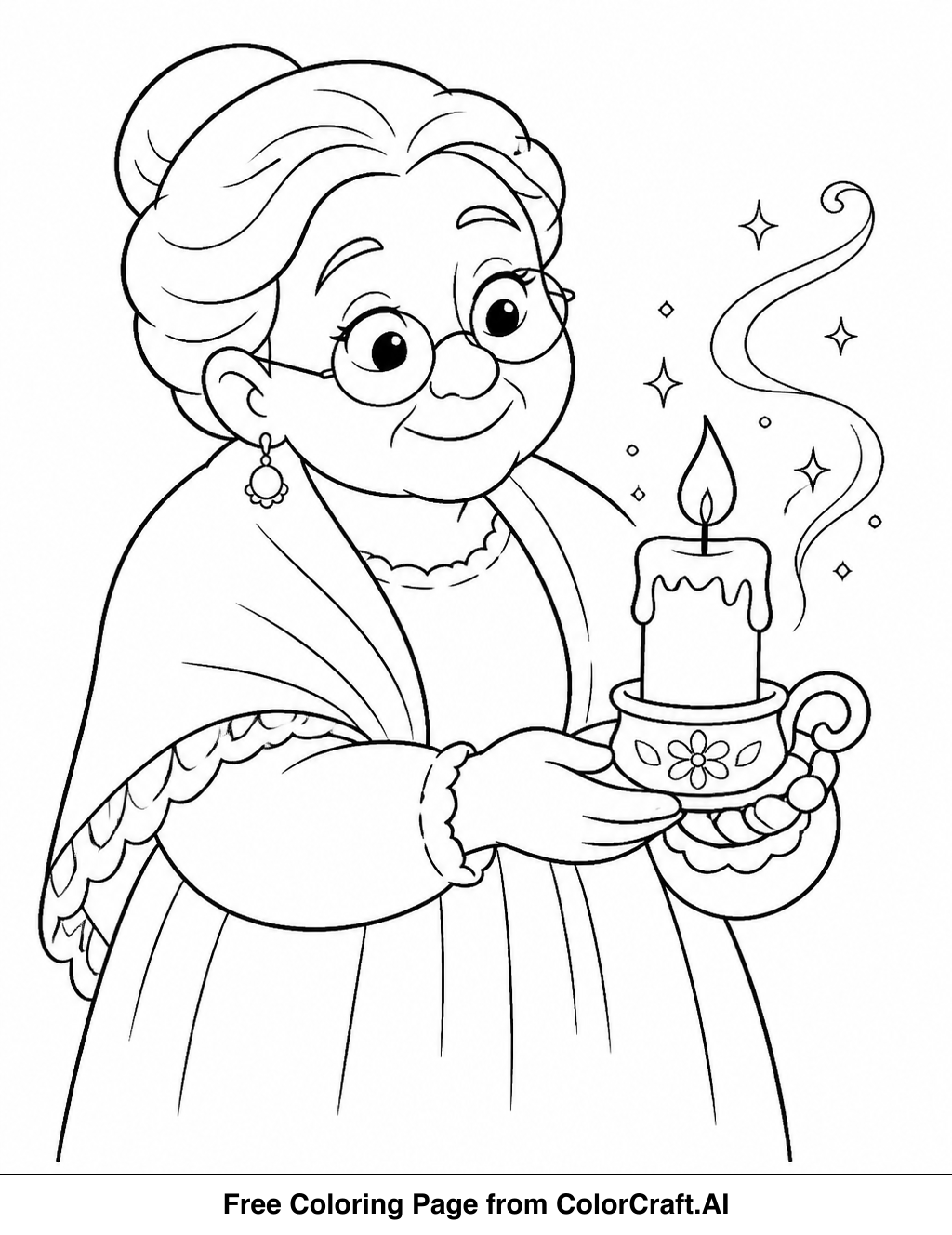 Line drawing of Abuela Alma holding a glowing magical candle, surrounded by family symbols.