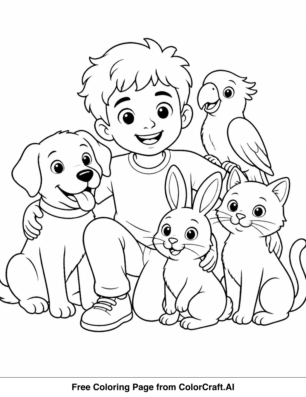 Line drawing of Antonio surrounded by various friendly animals, ready to be colored.