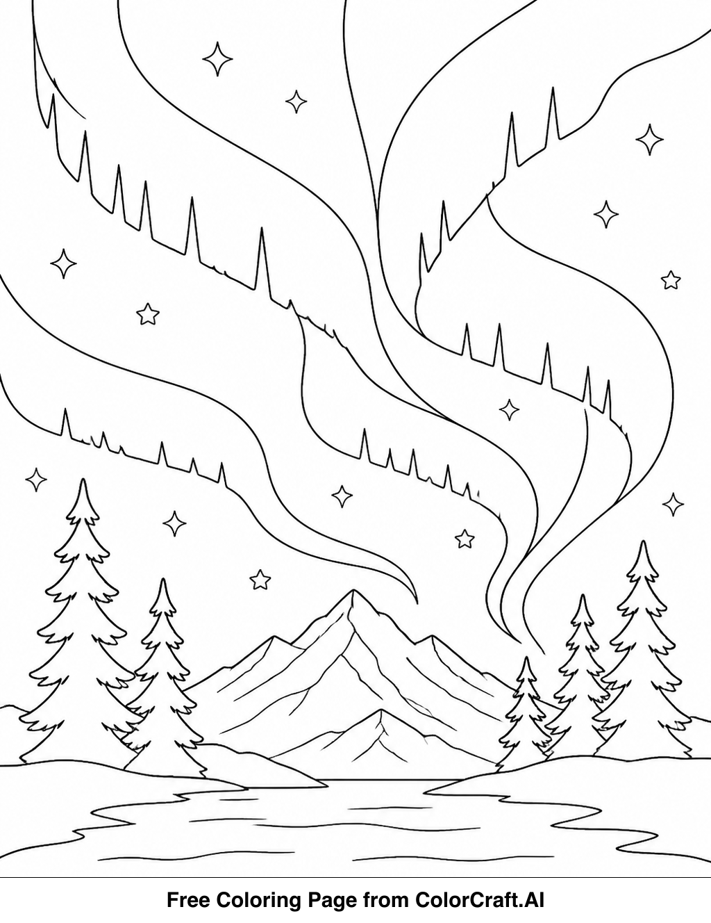 Line drawing of a vast night sky with swirling patterns and distant mountains, ready for coloring.