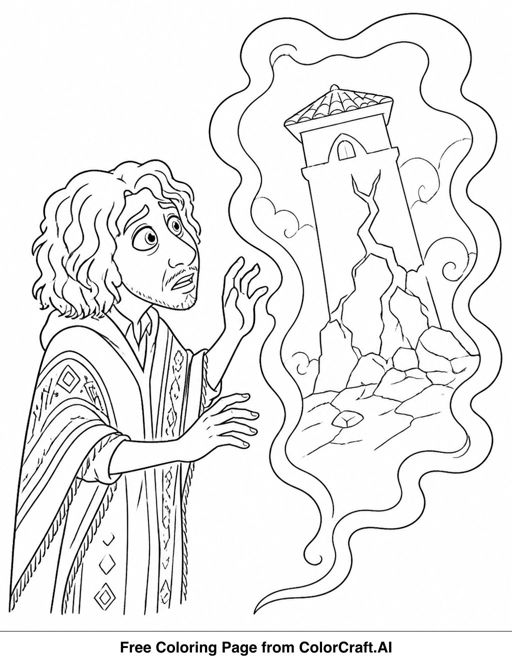 Line drawing of Bruno from Encanto looking into his mysterious vision, ready to be colored.