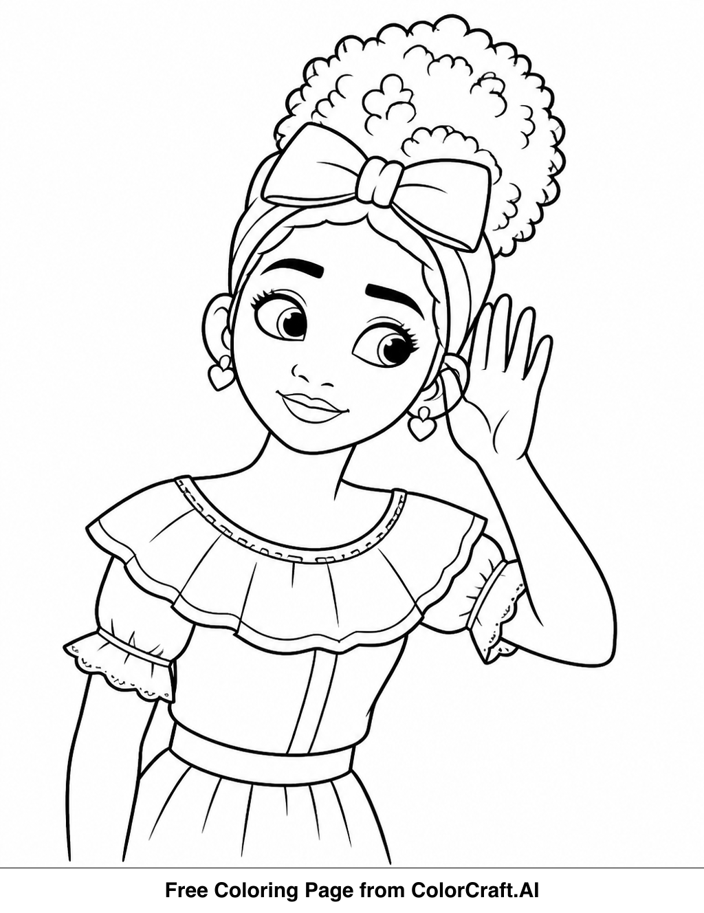 Line art drawing of Dolores from Encanto, posed as if listening intently, for coloring.