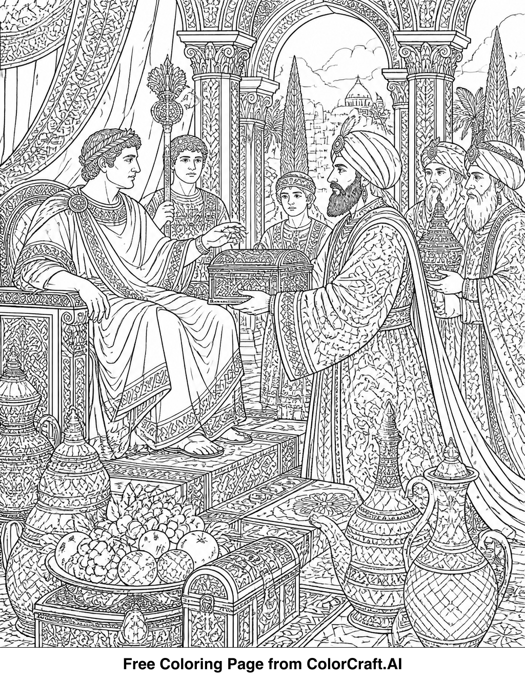 Line drawing of Antonio's gift ceremony with characters and decorations.