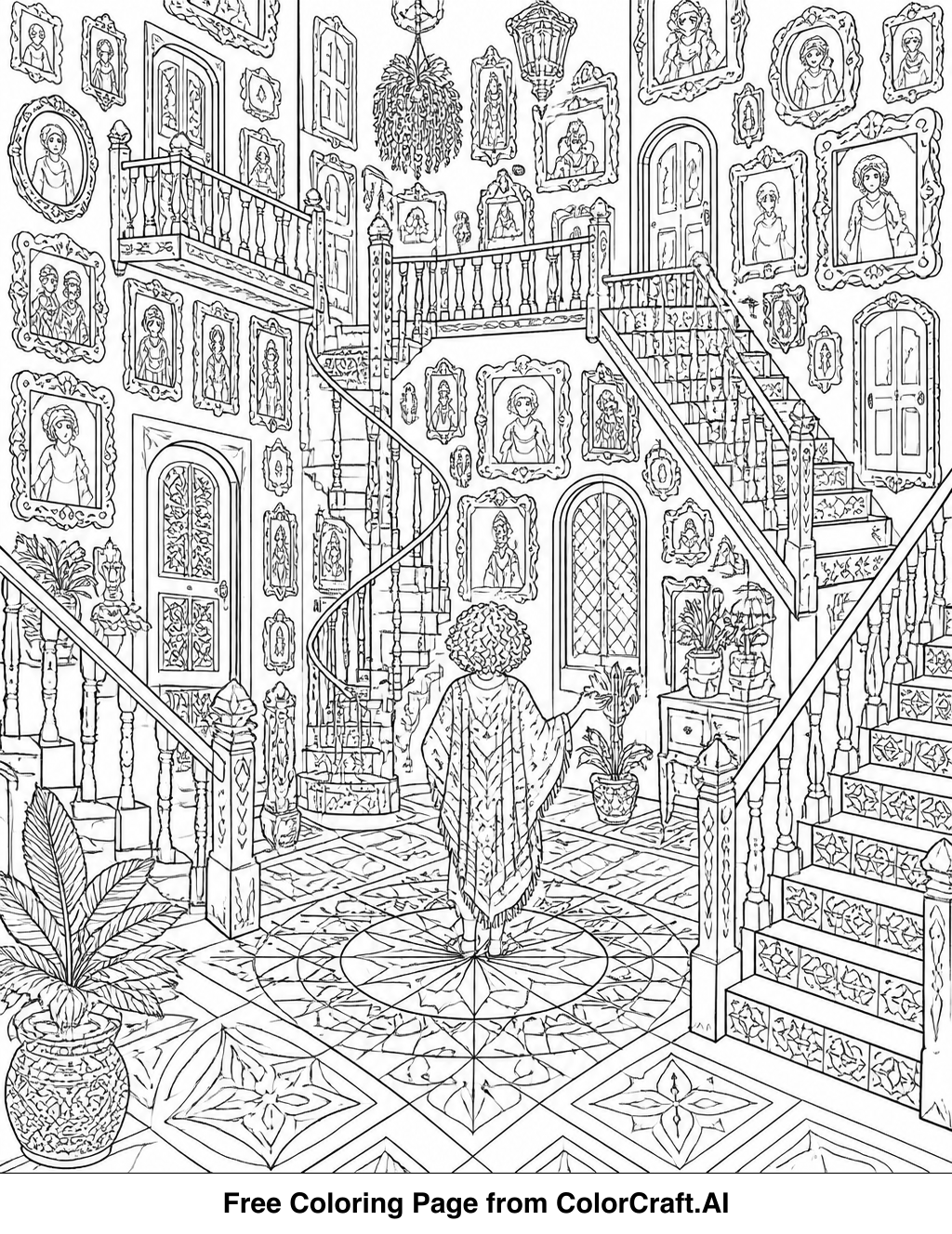 Line drawing of Bruno's tower room from Encanto, featuring intricate details and magical elements for coloring.