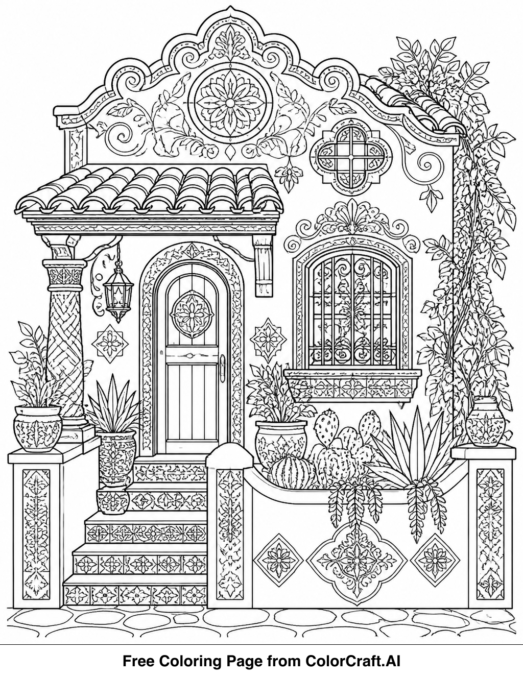 Line drawing of a detailed, magical casita with intricate architectural elements for coloring.
