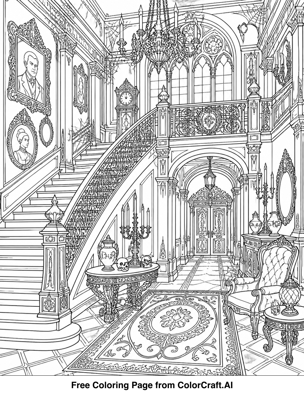 Line drawing of a detailed haunted mansion interior with furniture, cobwebs, and spooky decorations.