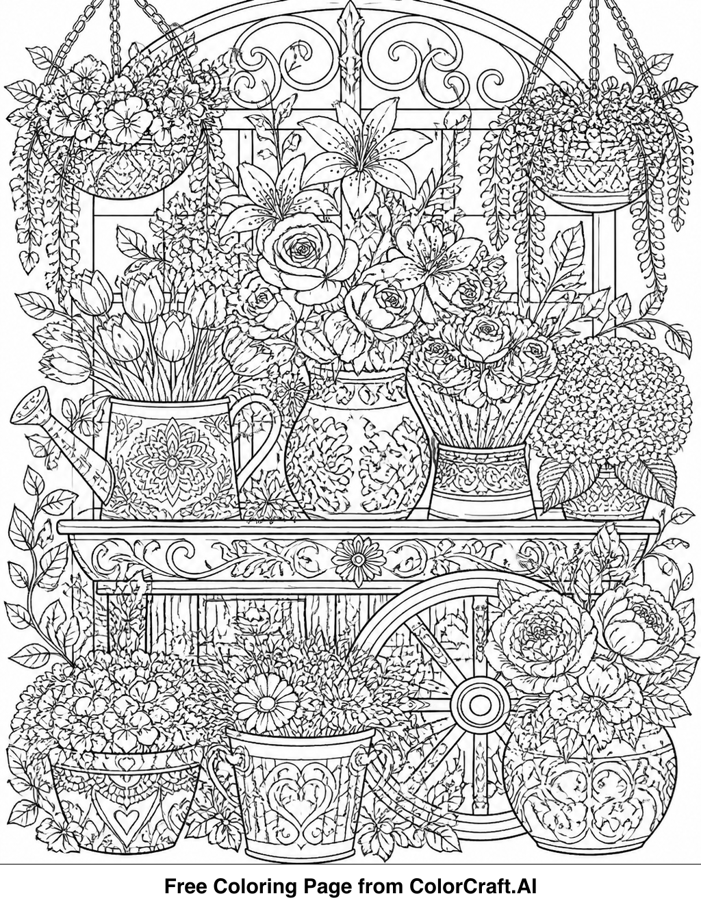 Line drawing of Isabela from Encanto surrounded by intricate, blooming flowers and vines.