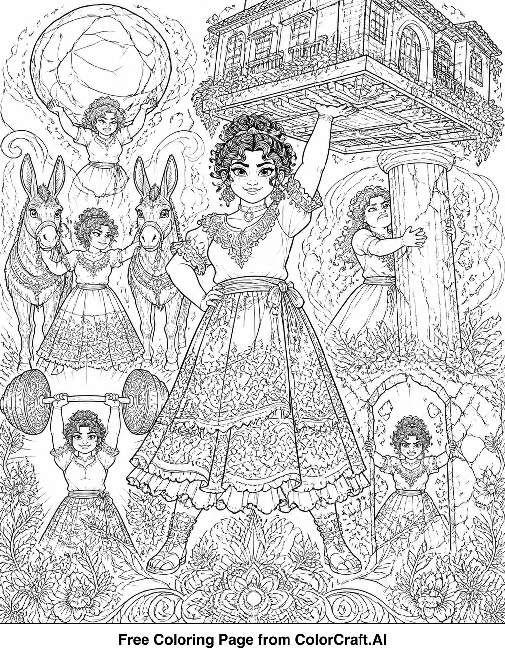 Line drawing of Luisa from Encanto demonstrating her immense strength by lifting a large boulder.