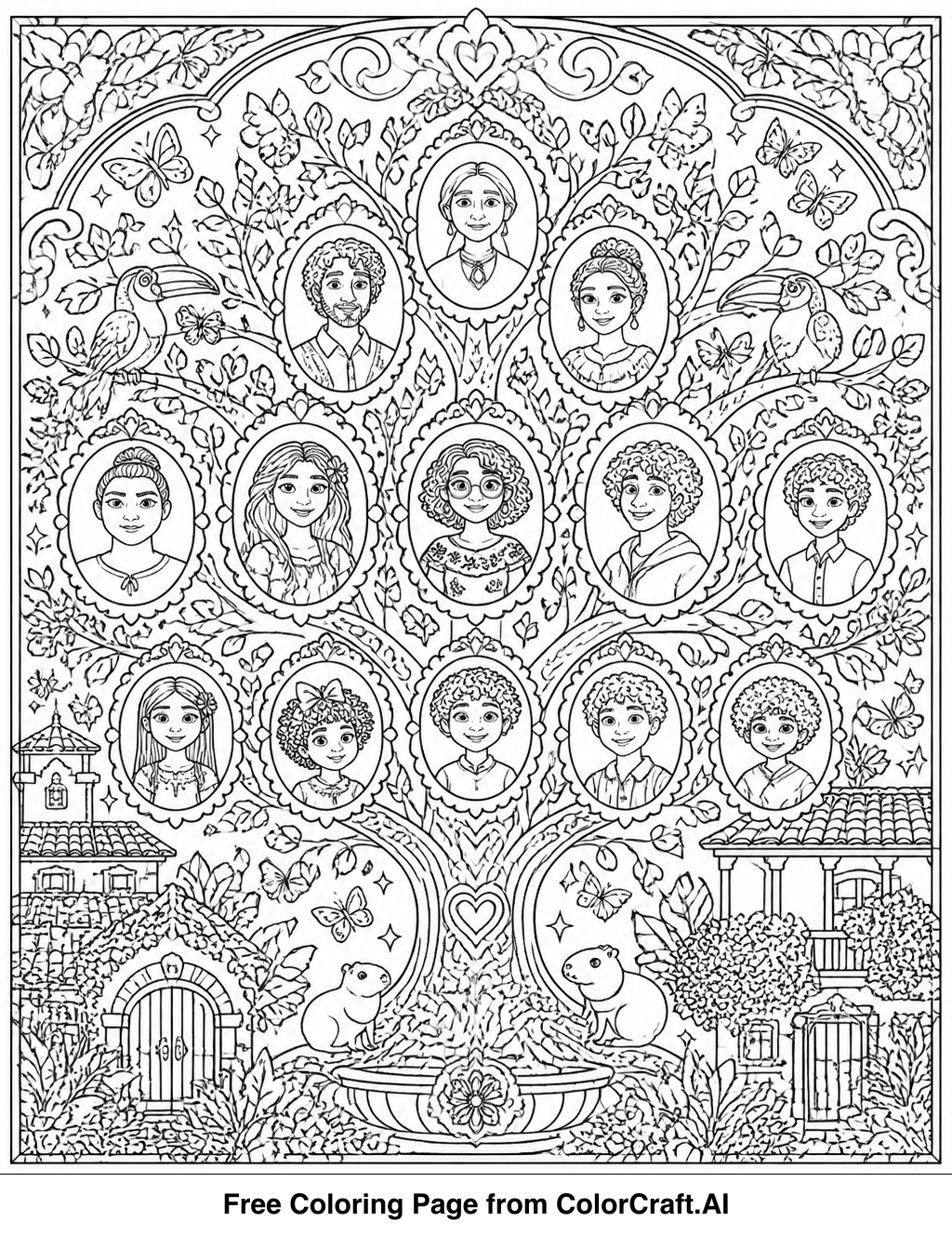 Intricate line drawing of the Madrigal family tree mural, showing many characters and details.