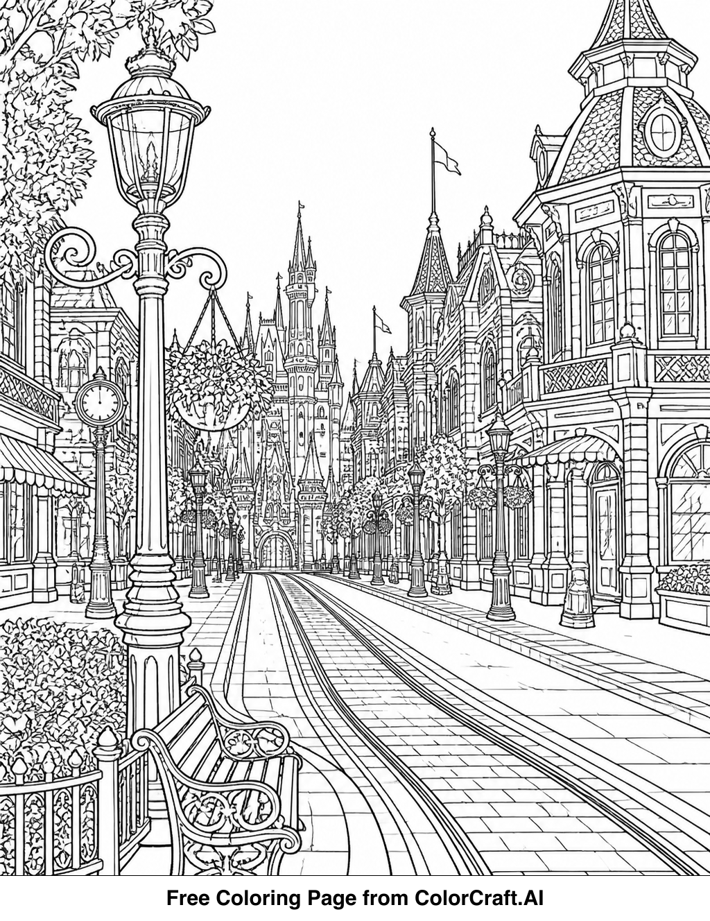 Line drawing of a classic Main Street USA with shops, lampposts, and a clear sky.
