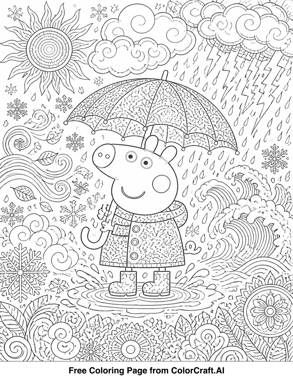 Line drawing of Pepa Madrigal from Encanto controlling the weather with her hands, sun and clouds swirling.