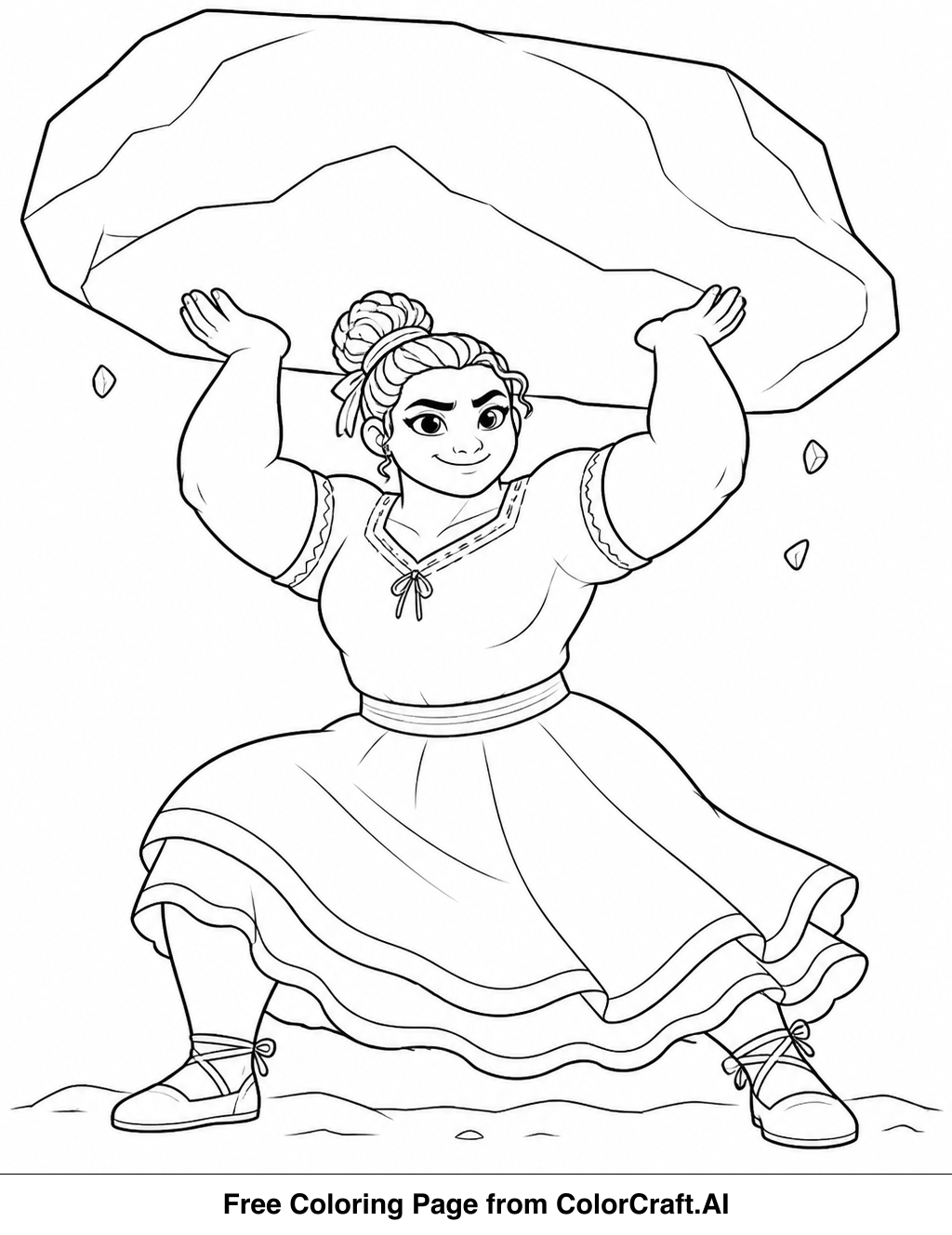 Line drawing of Luisa from Encanto showing her incredible physical strength by lifting large items.